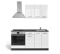 Vicco Cuisine R-Line, Blanc Brillant/Anthracite, 160cm avec Meuble Four et évier avec PL