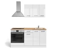Vicco Cuisine R-Line, Blanc Brillant/Blanc, 160cm avec Meuble Four et évier avec PL