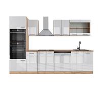 Cuisine R-Line, 300 cm avec armoire haute, sans plan de travail, Blanc brillant/Chêne doré, Vicco