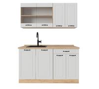 Vicco Cuisine R-Line, Blanc campagnard/Chêne doré, 140cm | 4 Modules · Pieds réglables en hauteur · Plan de travail in açades en MDF · Avec armoire vitrée
