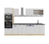 Vicco Cuisine R-Line, Blanc campagnard/Chêne doré, 300cm | 8 Modules · Pieds réglables en hauteur · Sans plan de travail · Façades en MDF · Avec armoire four/micro-ondes