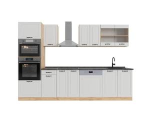 Vicco Cuisine R-Line, Blanc campagnard/Chêne doré, 300cm | 8 Modules · Pieds réglables en hauteur · Sans plan de travail · Façades en MDF · Avec armoire four/micro-ondes