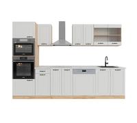 Vicco Cuisine R-Line, Blanc campagnard/Chêne doré, 300cm avec Armoire Haute, PT Marbre