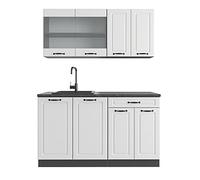 Vicco Cuisine R-Line, Blanc Campagne, 140cm | 4 Modules · Pieds réglables en hauteur · Sans plan de travail · Façades en MDF · Avec armoire vitrée