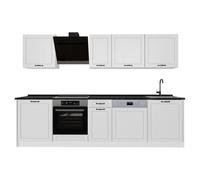 Vicco Cuisine "R-Line", Blanc campagne/Blanc 280 cm | 9 Modules · Pieds réglables en hauteur · Plan de travail in açades en MDF · Avec meuble pour cuisinière