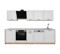 Vicco Cuisine "R-Line", Blanc campagne/Chêne doré 280 cm | 9 Modules · Pieds réglables en hauteur · Plan de travail in açades en MDF · Avec meuble pour cuisinière