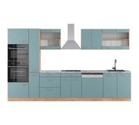 Vicco Cuisine R-Line, Bleu-gris/chêne doré, 350cm avec armoire haute, PT Marbre Bleu-gris/chêne doré G