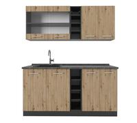 Vicco Cuisine R-Line, Chêne Artisan/Anthracite, 160cm | 6 Modules · Pieds réglables en hauteur · Sans plan de travail · Façades robustes · Avec étagères ouvertes