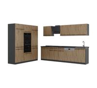 Vicco Cuisine "R-Line", Chêne Artisan/Anthracite 180 cm | 12 Modules · Pieds réglables en hauteur · Plan de travail incl. · Façades robustes · Avec armoire four/micro-ondes