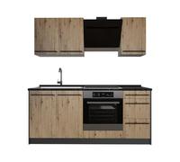 Vicco Cuisine "R-Line", Chêne Artisan/Anthracite 180 cm | 5 Modules · Pieds réglables en hauteur · Plan de travail in açades robustes · Avec meuble pour cuisinière