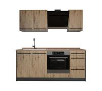 Vicco Cuisine "R-Line", Chêne Artisan/Anthracite 180 cm | 5 Modules · Pieds réglables en hauteur · Plan de travail in açades robustes · Avec meuble pour cuisinière