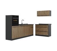 Vicco Cuisine R-Line, Chêne Artisan/Anthracite 220 cm | 6 Modules · Pieds réglables en hauteur · Plan de travail in açades robustes · Avec armoire pour four