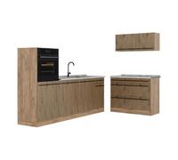 Vicco Cuisine R-Line, Chêne Artisan/Chêne doré 220 cm | 6 Modules · Pieds réglables en hauteur · Plan de travail in açades robustes · Avec armoire pour four
