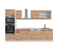 Vicco Cuisine R-Line, Chêne doré, 300cm | 8 Modules · Pieds réglables en hauteur · Sans plan de travail · Façades robustes · Avec armoire four/micro-ondes