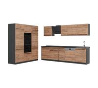 Vicco Cuisine "R-Line", Chêne doré/Anthracite 180 cm | 12 Modules · Pieds réglables en hauteur · Sans plan de travail · Façades robustes · Avec armoire four/micro-ondes