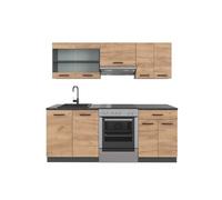 Vicco Cuisine "R-Line", Chêne doré/anthracite, 200cm | 5 Modules · Pieds réglables en hauteur · Plan de travail in açades robustes · Avec armoire vitrée