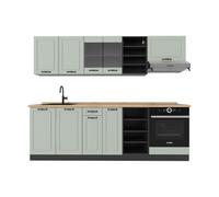 Vicco Cuisine "R-Line", Mint campagne/Anthracite 240 cm | 10 Modules · Pieds réglables en hauteur · Plan de travail in açades en MDF · Avec meuble pour cuisinière