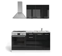 Vicco Cuisine R-Line, Noir Brillant/Blanc, 160cm | avec meuble four encastrable sans PT, préparé pour l’intégration d’appareils électroménagers et d’un évier