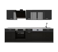 Vicco Cuisine "R-Line", Noir Haute brillance/Anthracite 280 cm | 9 Modules · Pieds réglables en hauteur · Plan de travail in açades robustes · Avec meuble pour cuisinière