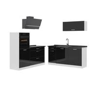 Vicco Cuisine "R-Line", Noir Haute brillance/Blanc 160 cm | 6 Modules · Pieds réglables en hauteur · Plan de travail in açades robustes · Avec armoire pour four