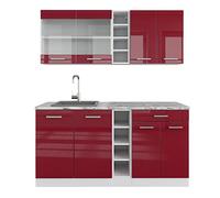 Vicco Cuisine R-Line, Rouge Brillant/Blanc, 160cm | 6 Modules · Pieds réglables en hauteur · Sans plan de travail · Façades robustes · Avec étagères ouvertes