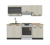 Vicco Cuisine "R-Line", Sable campagne/Anthracite 200 cm | 5 Modules · Pieds réglables en hauteur · Plan de travail in açades en MDF · Avec armoire vitrée