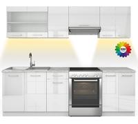 Vicco Cuisine Raul, 240cm , PT Marbre avec bande LED, Blanc/Blanc