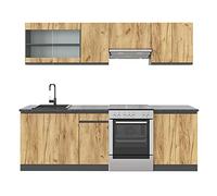 Vicco Cuisine Raul, Chêne doré/Anthracite, 240cm J-Shape, avec modules à Position Variable et Pieds réglables en Hauteur