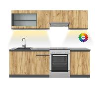 Vicco Cuisine Raul, Chêne doré/Anthracite, 240cm sans Plan de Travail avec Bande LED, avec modules à Position Variable et Pieds réglables en Hauteur