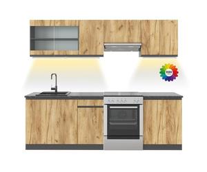 Vicco Cuisine Raul, Chêne doré/Anthracite, 240cm sans Plan de Travail avec Bande LED, avec modules à Position Variable et Pieds réglables en Hauteur