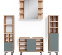 Vicco Ensemble de meubles de salle de bain Fynn, 4 pièces, avec armoire haute, Vert/Chêne de force doré