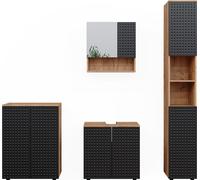 Ensemble meubles bain Irma, 4 pièces, avec armoire haute et commode, Anthracite à pois, Chêne de force doré, Vicco
