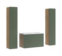 Vicco Ensemble de meubles de salle de bain "Izan", Vert/Chêne doré 100 cm | 4 pièces · Meuble sous-vasque · 2x armoire haute · Lavabo