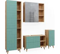 Vicco Ensemble de meubles de salle de bain Rudi, 4 pièces, avec armoire haute, Vert menthe/Chêne