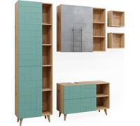 Vicco Ensemble de meubles de salle de bain Rudi, 5 pièces, avec armoire haute, Vert menthe/Chêne