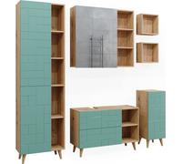Vicco Ensemble de meubles de salle de bain Rudi, 6 pièces, avec armoire haute, Vert menthe/Chêne