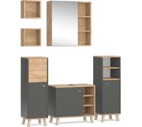 Vicco Ensemble de meubles de salle de bain Senyo, 5 pièces, avec étagères, Anthracite/Chêne de force doré