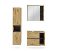 Vicco Ensemble de Meubles de Salle de Bain Viola, Artisan/Gris, 80 cm, composé d’Un Meuble sous-lavabo, d’Une Armoire Miroir et d’Une Colonne de Rangement