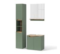 Vicco Ensemble de Meubles de Salle de Bains Marelle, Vert/Artisan, 60 cm, composé d’Un Meuble sous-lavabo, d’Une Armoire Miroir et d’Une Colonne de Rangement