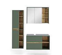 Vicco Ensemble de Meubles de Salle de Bains Viola, Vert/Artisan, 100 cm, composé d’Un Meuble sous-lavabo, d’Une Armoire Miroir et d’Une Colonne de Rangement
