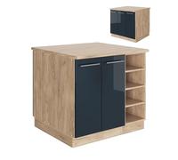 Vicco îlot de Cuisine Fame-Line, Bleu foncé Brillant, 90cm | Façade en MDF · 6 Tablettes · Pieds réglables en hauteur · Poignées en métal · Fermeture douce