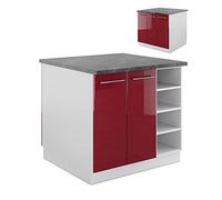 Vicco Îlot de Cuisine Fame-Line, Bordeaux Haute Brillance/Blanc, 90cm | Façade en MDF · 6 Tablettes · Pieds réglables en hauteur · Poignées en métal · Fermeture douce