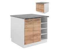 Vicco Îlot de Cuisine Fame-Line, Chêne doré/Blanc, 90cm | 4 Modules · 6 Tablettes · Pieds réglables en hauteur · Poignées en métal · Fermeture douce
