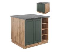 Vicco Îlot de Cuisine Fame-Line, Chêne Vert et Or/chêne doré, 90cm | Façade en MDF · 6 Tablettes · Pieds réglables en hauteur · Poignées en métal · Fermeture douce