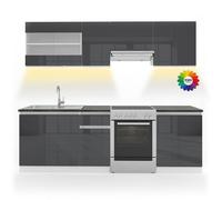 Vicco Ligne de Cuisine R-Line, Anthracite Haute Brillance/Blanc 240 cm | AP Noir avec bande LED, avec modules à position variable et pieds réglables en hauteur