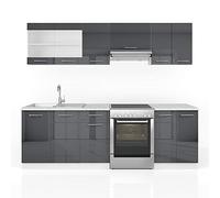 Vicco Ligne de Cuisine R-Line, Anthracite Haute Brillance/Blanc 240 cm | PT Marbre, combinable de manière flexible avec des éléments modulaires