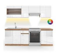 Vicco Ligne de Cuisine R-Line, Blanc Haute Brillance/Blanc 240 cm | PT Sonoma avec bande LED, avec modules à position variable et pieds réglables en hauteur
