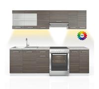 Vicco Ligne de Cuisine R-Line, Gris Noble/Blanc 240 cm | PT Marbre avec bande LED, combinable de manière flexible avec des éléments modulaires