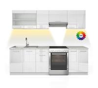 Vicco Ligne de Cuisine Raul, Blanc Brillant/Blanc, 240cm, PT Marbre avec Bande LED, combinable de manière Flexible avec des éléments modulaires