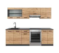 Ligne de cuisine Raul, 240cm, PT À motifs noirs, Chêne de force doré/Anthracite, Vicco 38758